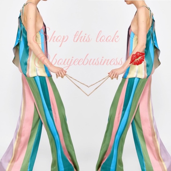 ZARA Pastel Striped Open Back Halter Top & Flowy Palazzo Pants 2pc Coord Set NWT - Picture 4 of 9